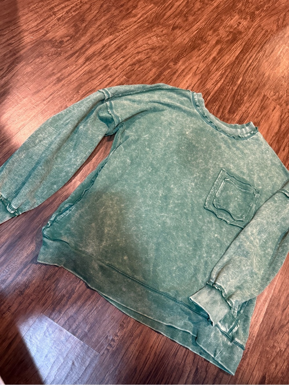 Washed Teal Crewneck Sweater with Chest Pocket